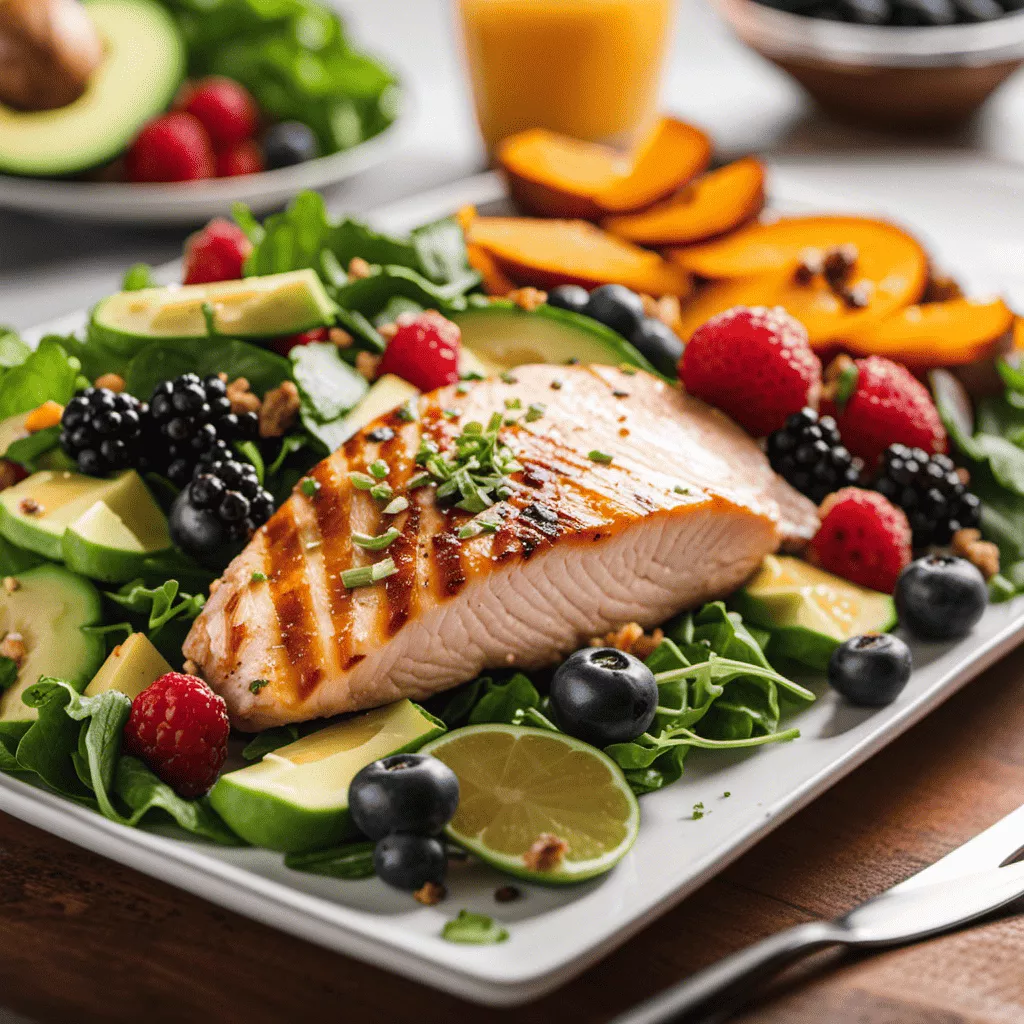 An image showcasing a balanced plate filled with colorful, nutrient-rich foods: lean chicken breast, quinoa, leafy greens, sweet potatoes, avocado, and berries