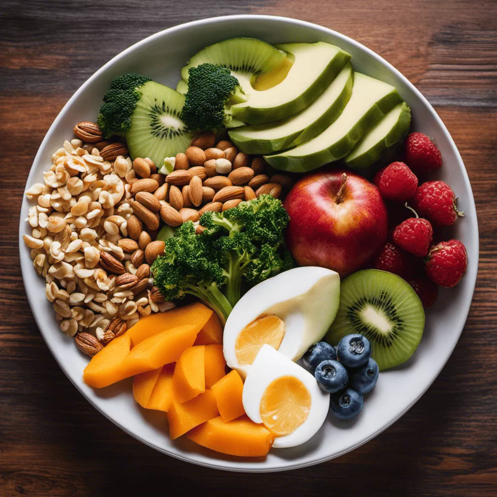 An image showcasing a vibrant plate divided into two sections: one filled with nutrient-rich foods like lean proteins, whole grains, and vegetables for pre-workout fuel, and the other with replenishing options like fruits, yogurt, and nuts for post-workout recovery