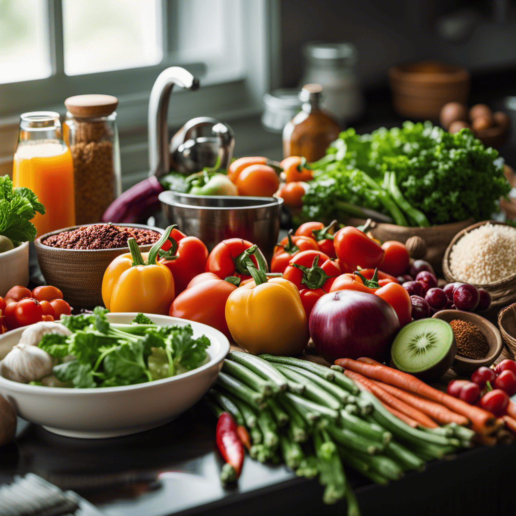 An image depicting a vibrant kitchen scene with a variety of whole foods like vegetables, fruits, lean proteins, and spices, showcasing their role in boosting metabolism naturally