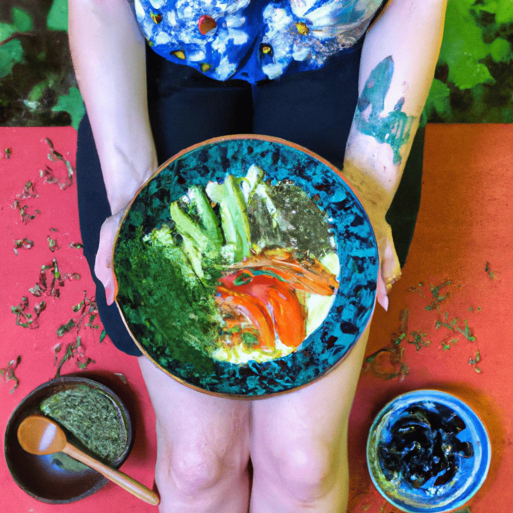 An image capturing a serene scene of a person sitting cross-legged, surrounded by lush greenery, with a plate of colorful, whole foods in front of them