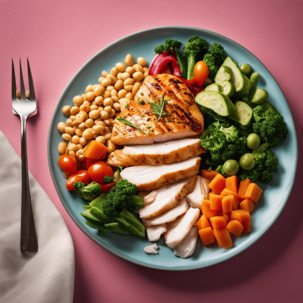 An image showcasing a colorful plate filled with lean protein sources like chicken breast, fish, tofu, and legumes, surrounded by vibrant vegetables, illustrating the crucial role of protein in successful weight loss