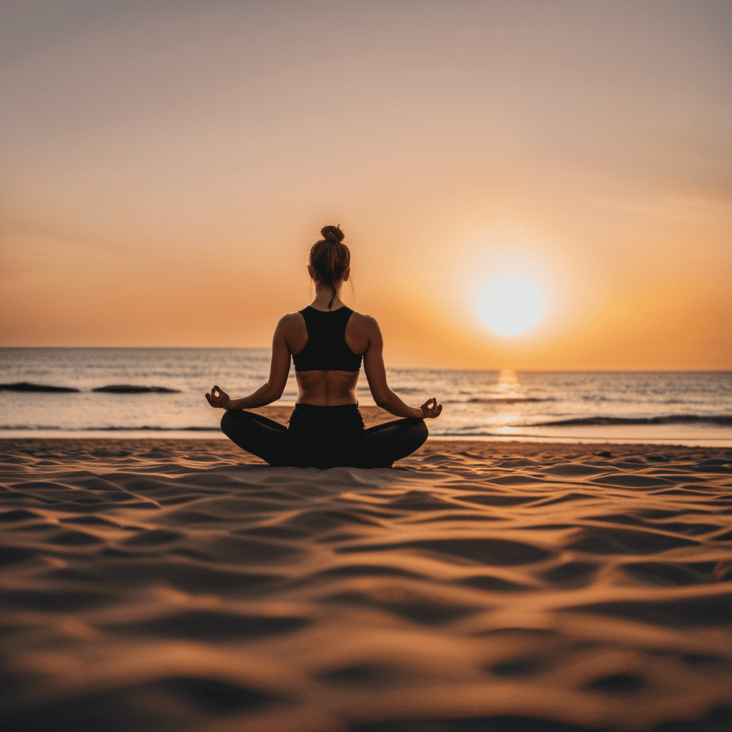An image of a serene beach sunset, with a person practicing yoga on a yoga mat nearby
