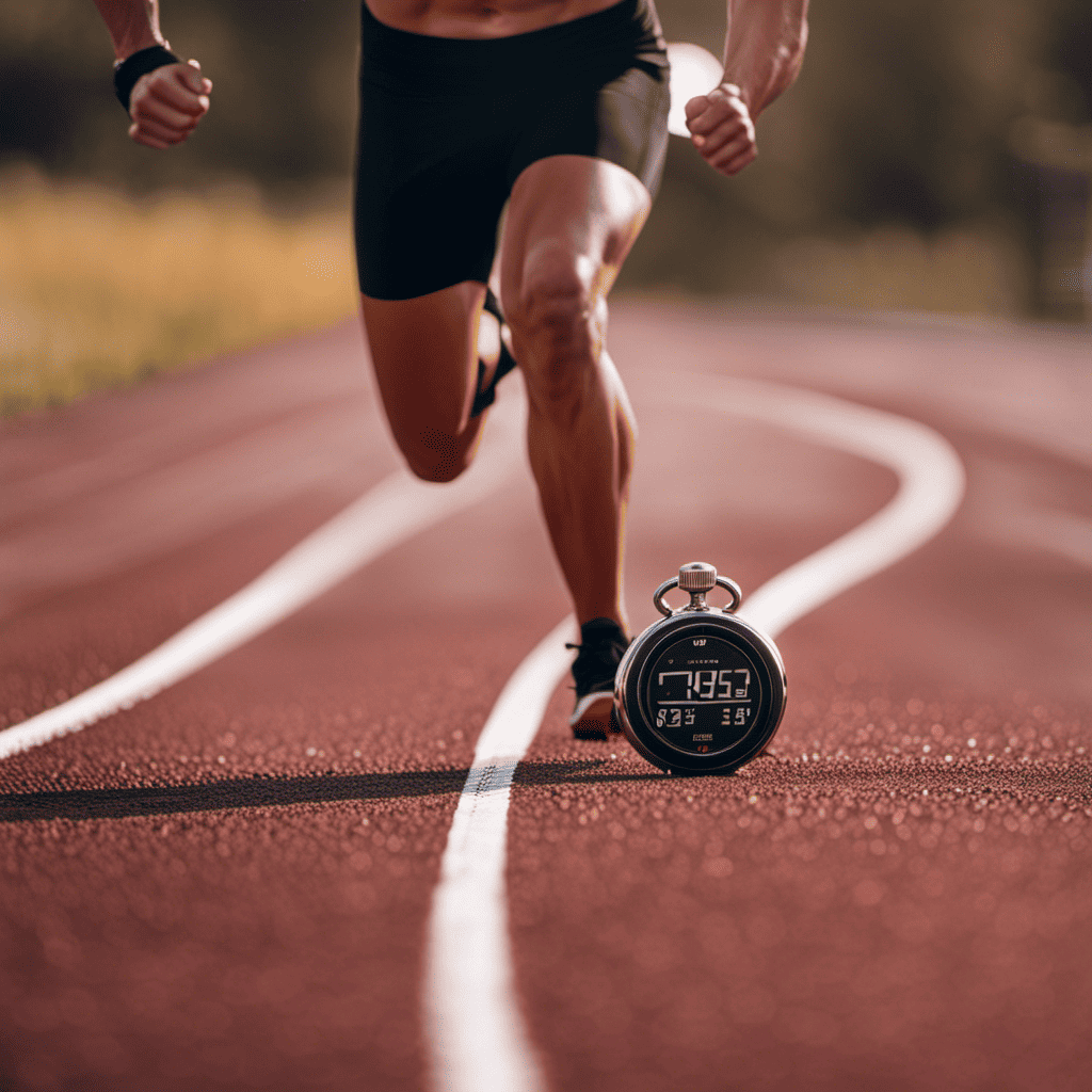 An image showcasing HIIT: A person in workout attire, sprinting on a track, with a stopwatch in hand