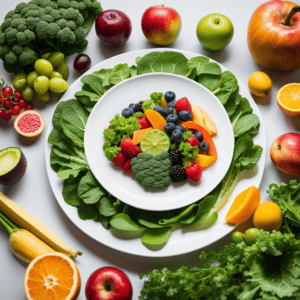 An image showcasing a brightly colored plate filled with nutrient-rich foods like leafy greens, lean proteins, and colorful fruits, while a measuring tape wraps around the plate, symbolizing the journey towards effective weight loss