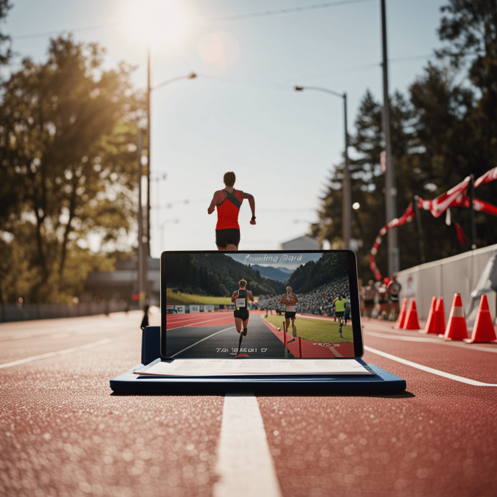 An image showcasing a runner crossing the finish line of a race, with a personalized training plan on a clipboard, a stopwatch, and a vision board displaying specific running goals