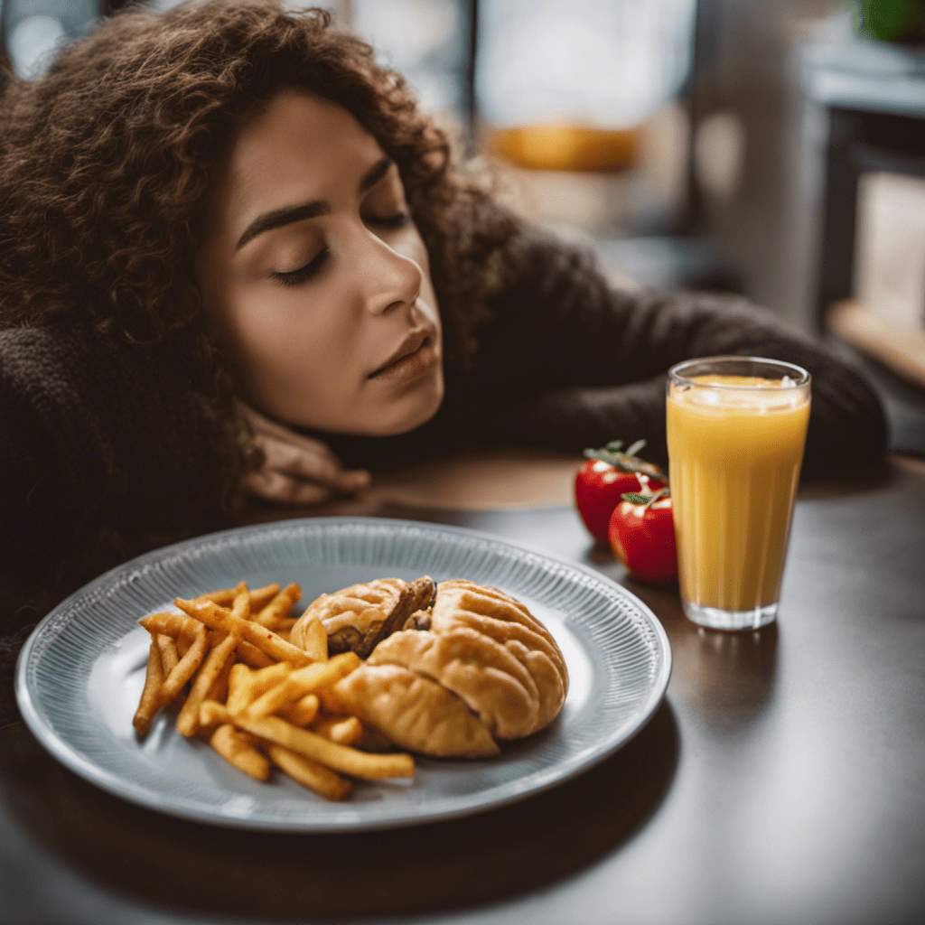 An image showing a sleep-deprived person staring at a plate of unhealthy food, while a brain scan reveals increased activity in the cravings region and decreased activity in the decision-making region