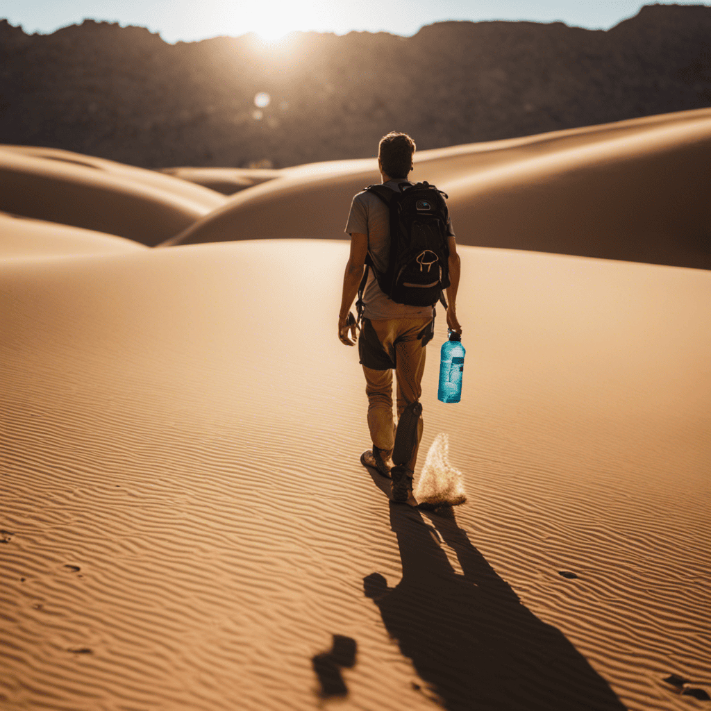An image featuring a person hiking in a scorching desert, sweat dripping off their brow, clutching a water bottle