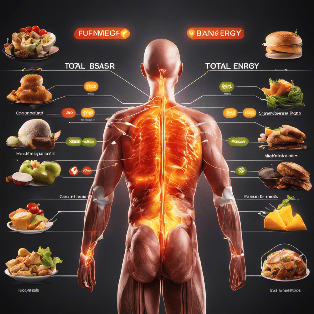 An image depicting a human body with arrows showing food intake being converted into energy, highlighting the key components of Basal Metabolic Rate (BMR) and Total Daily Energy Expenditure (TDEE)