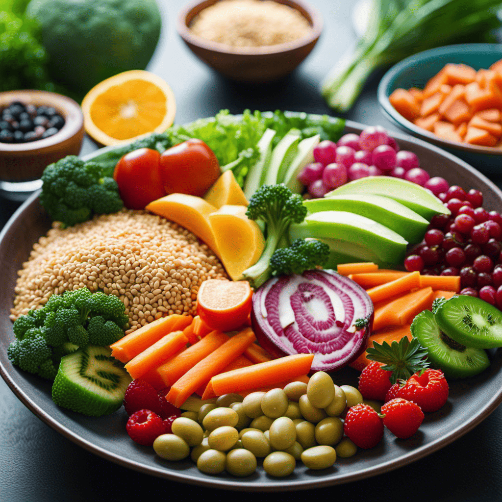 An image showcasing a diverse range of whole, nutrient-dense foods, such as lean proteins, colorful fruits and vegetables, and whole grains, arranged in a vibrant and visually appealing way