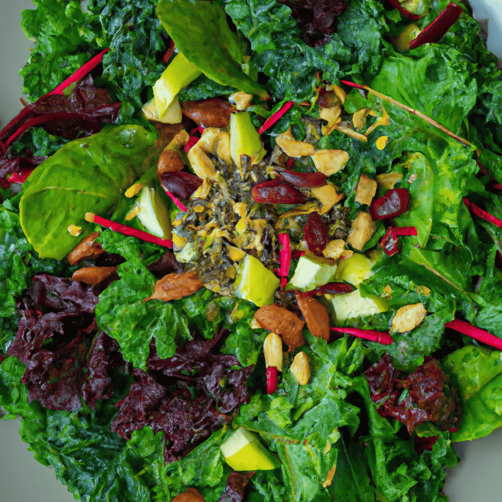 An image showcasing a vibrant plate filled with a variety of leafy greens like spinach, kale, and Swiss chard