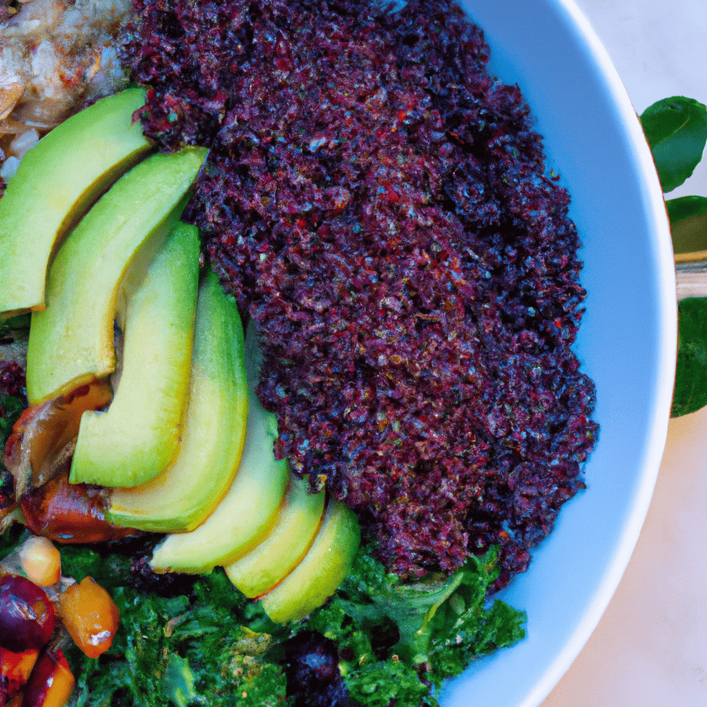 An image showcasing an abundant bowl filled with vibrant, nutrient-rich superfoods like kale, quinoa, berries, and avocado