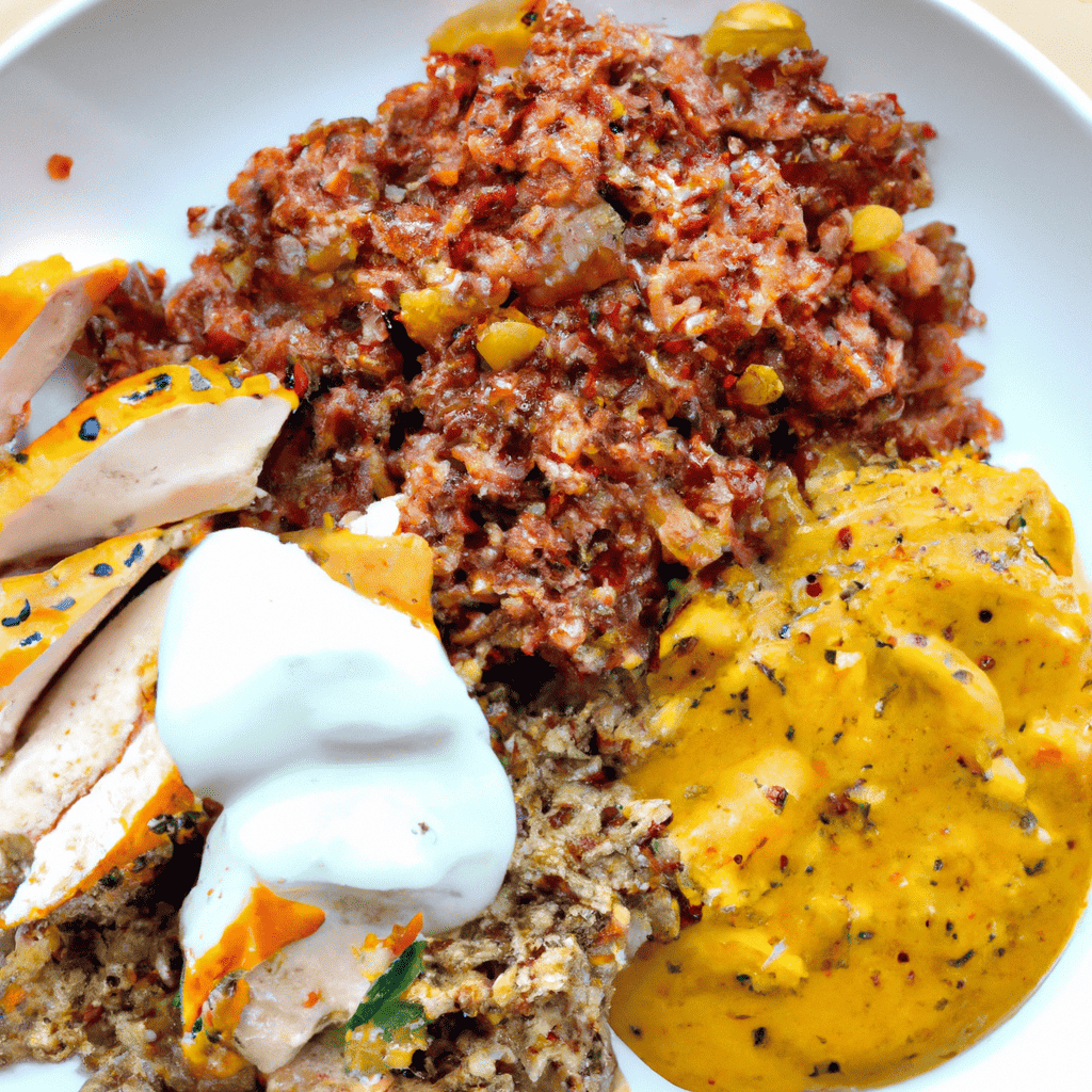 An image showcasing a vibrant plate filled with colorful, nutrient-rich foods like lean chicken, quinoa, lentils, and Greek yogurt