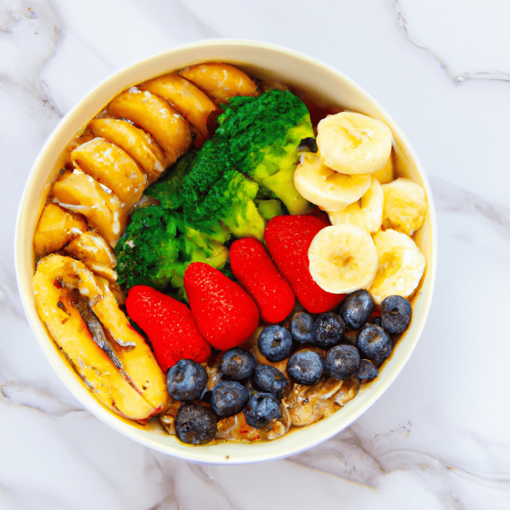 An image showcasing a vibrant bowl filled with nutrient-rich foods like leafy greens, colorful fruits, lean proteins, and whole grains