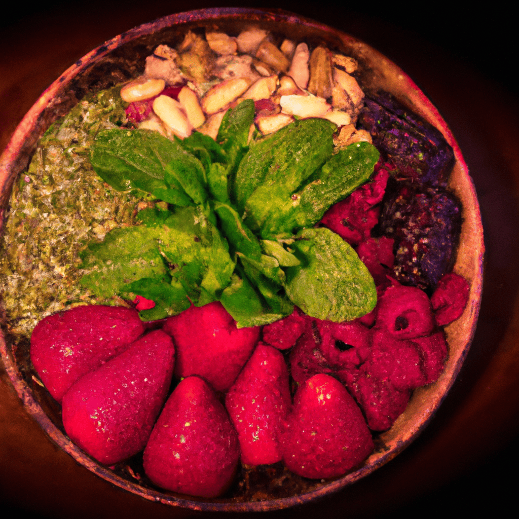 An image showcasing a vibrant bowl filled with an assortment of delicious and colorful foods: ripe berries, leafy greens, energizing nuts, and nourishing seeds, all exuding vitality and radiating with natural energy
