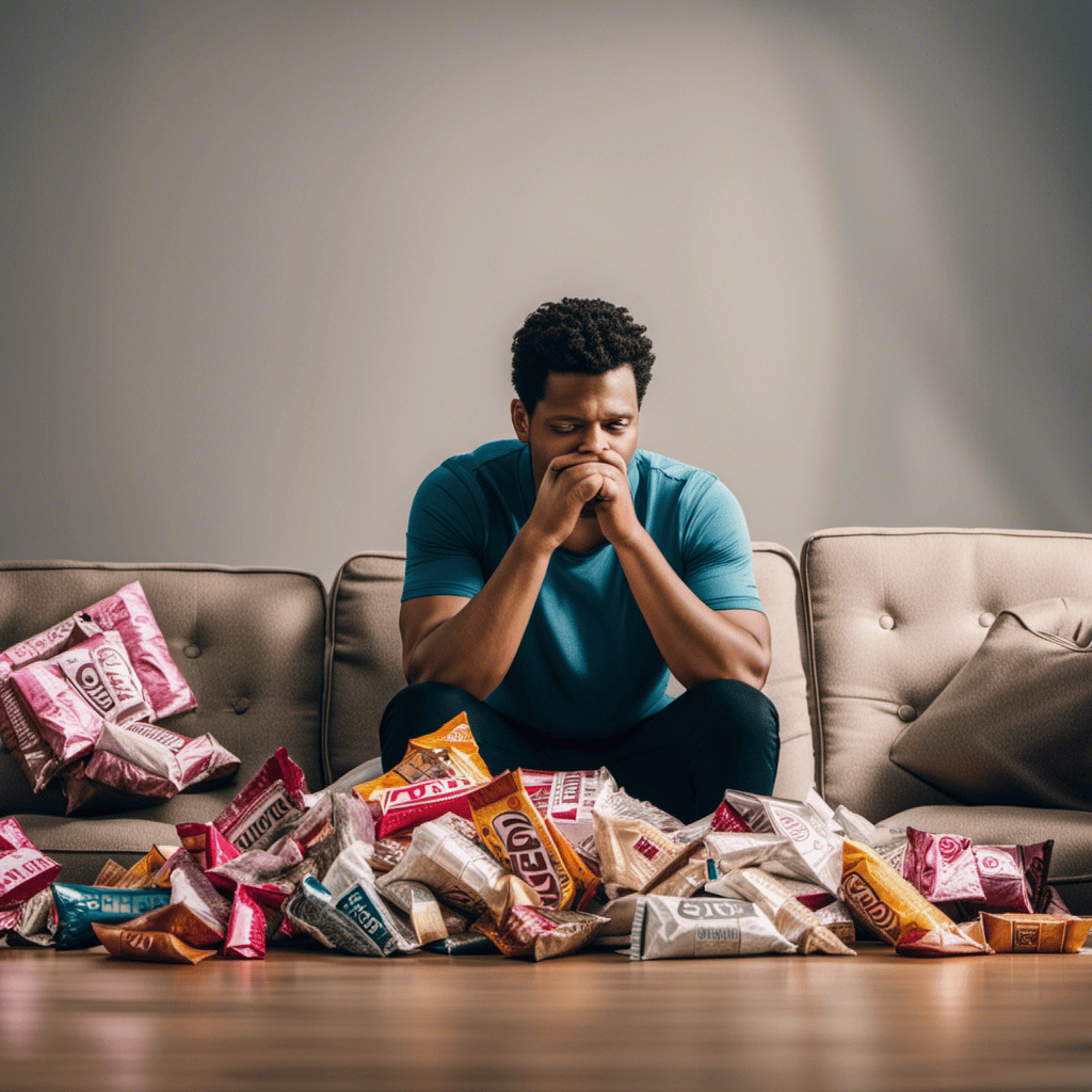 An image featuring a person sitting on a couch, surrounded by empty food wrappers and a sad expression