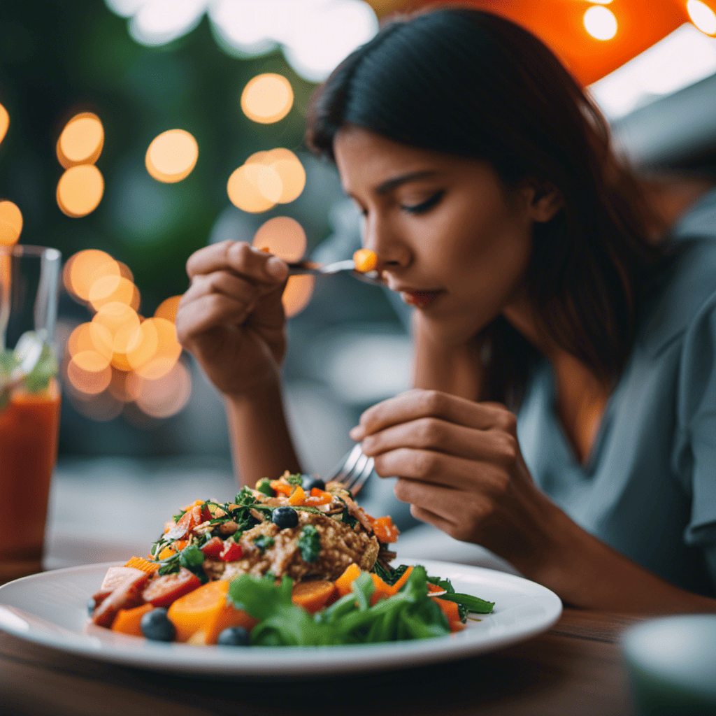 An image capturing a serene setting, with a person savoring each bite of a colorful, nutrient-rich meal