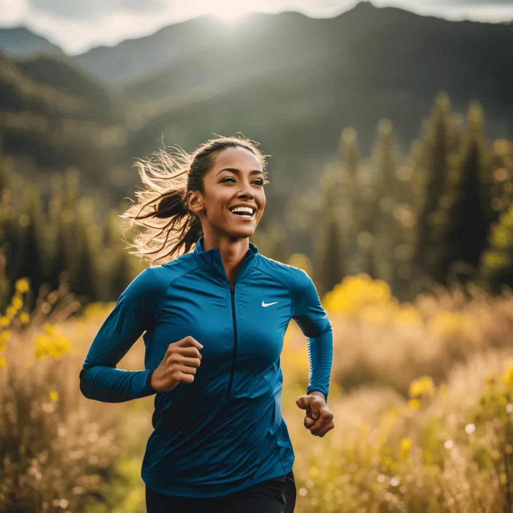 An image that depicts a person joyfully running in a picturesque setting, surrounded by vibrant nature