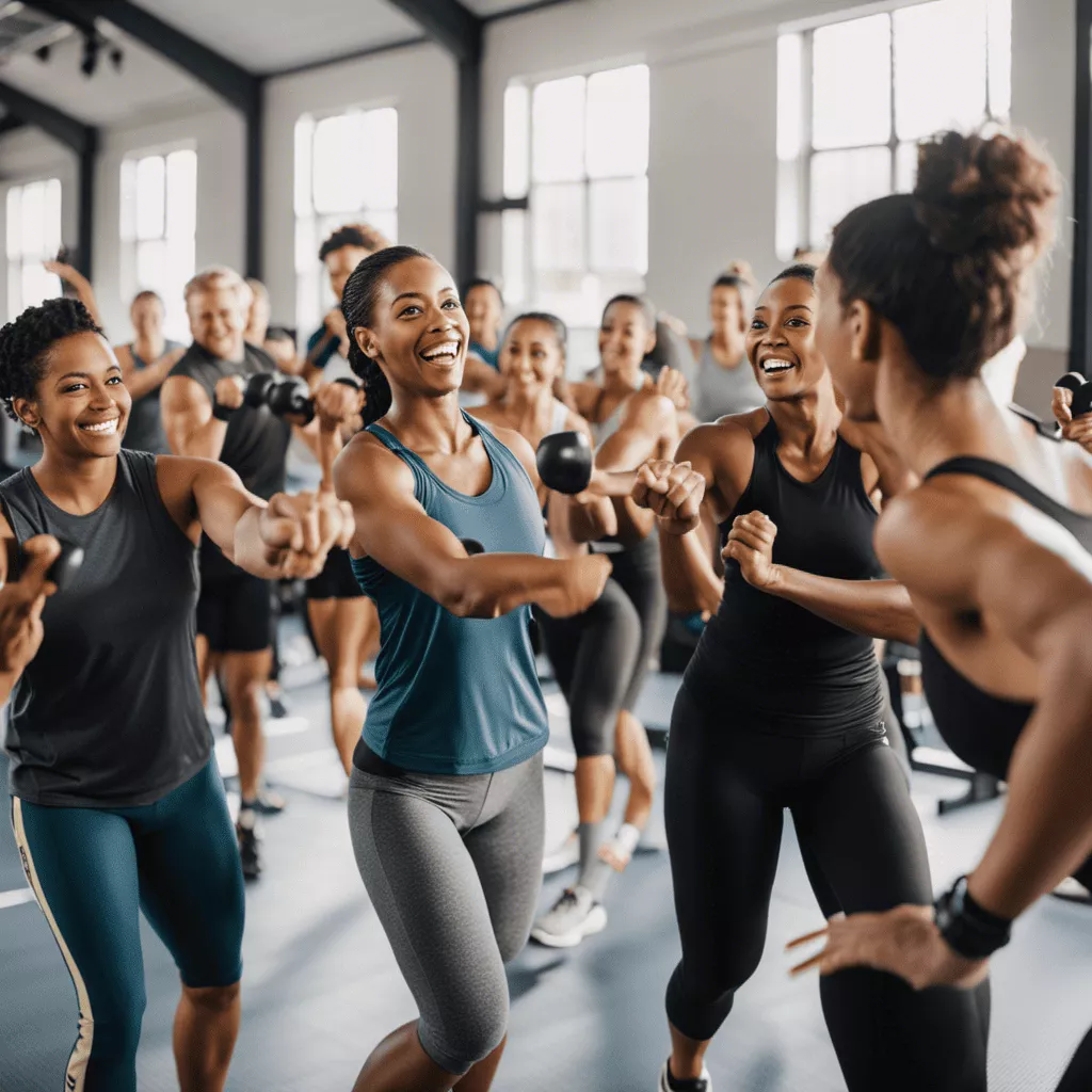 An image showcasing a group of friends engaged in a challenging workout session together, their supportive smiles and high-fives reflecting a strong sense of camaraderie, inspiring motivation and fostering success in fitness journeys