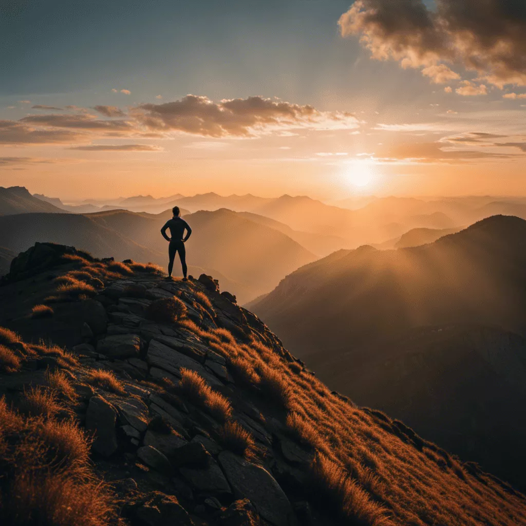 An image showcasing a person standing at the top of a mountain, gazing at the breathtaking view, with a determined expression