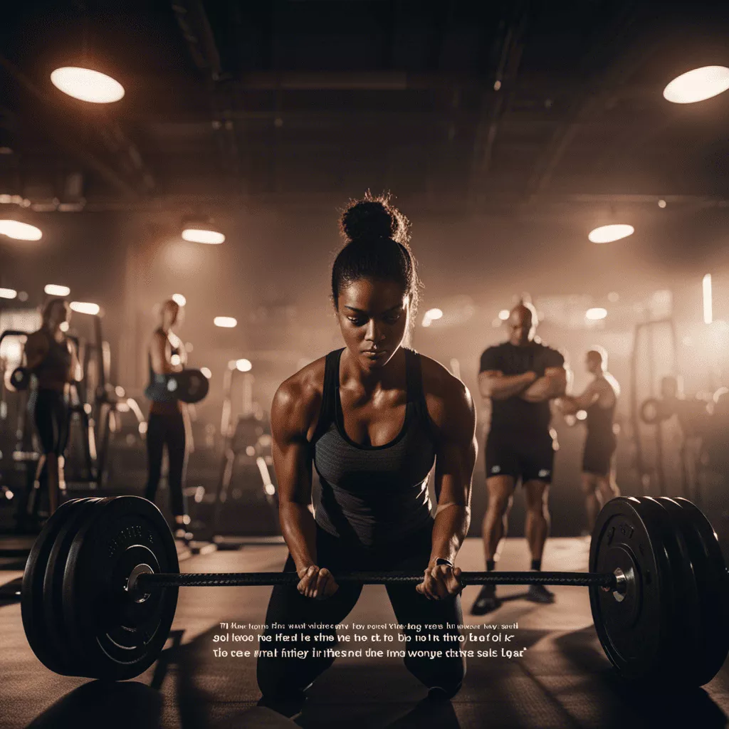 An image showcasing a person sweating profusely while lifting weights in a dimly lit gym, surrounded by motivational quotes, fitness trackers, and a personal trainer cheering them on