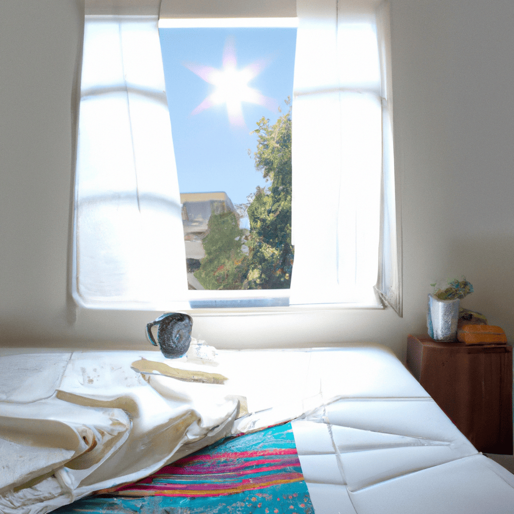 An image showcasing a serene bedroom scene: a sunlit room with an open window, a cozy bed with a neatly folded blanket, a warm mug of tea on a bedside table, and a yoga mat placed nearby
