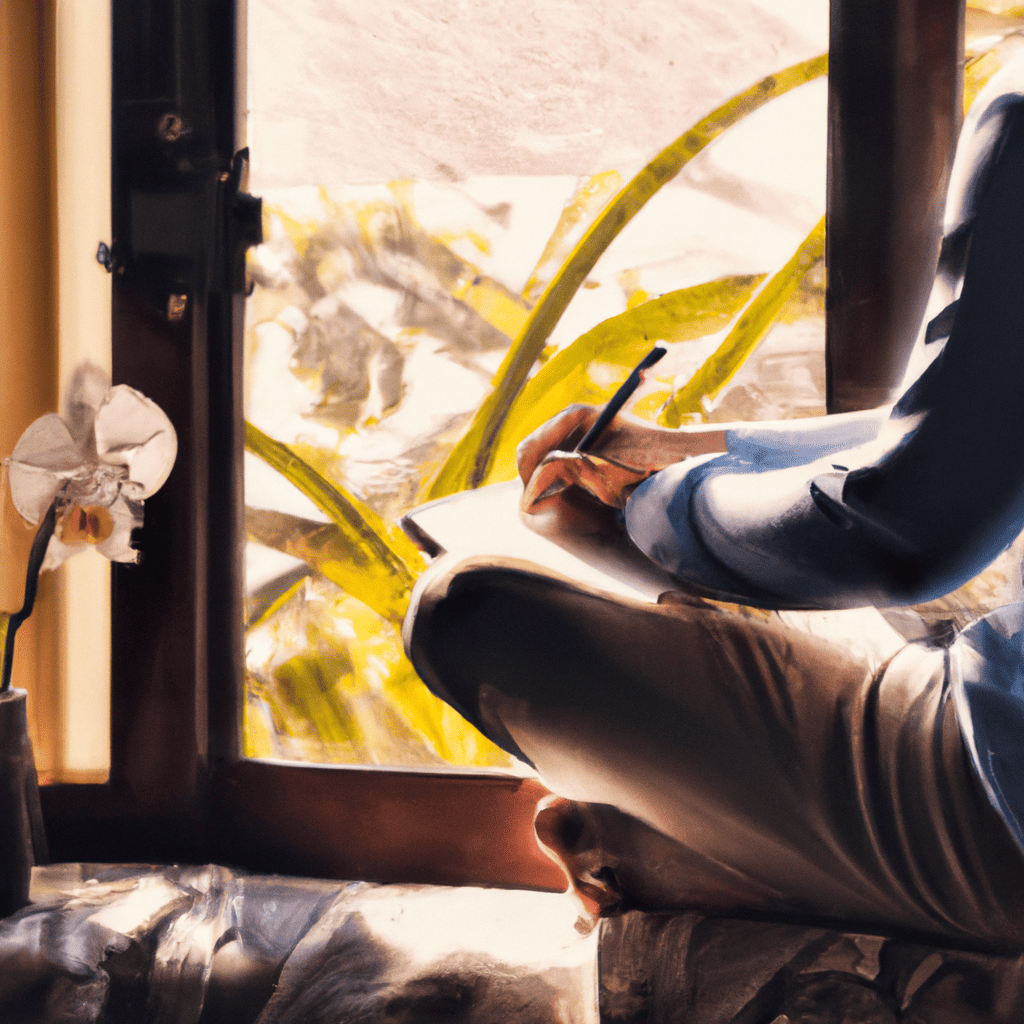 An image depicting a serene morning scene with a person sitting cross-legged near a window, sunlight streaming in, as they hold a journal and pen – symbolizing the act of setting mindful goals and intentions for the day ahead