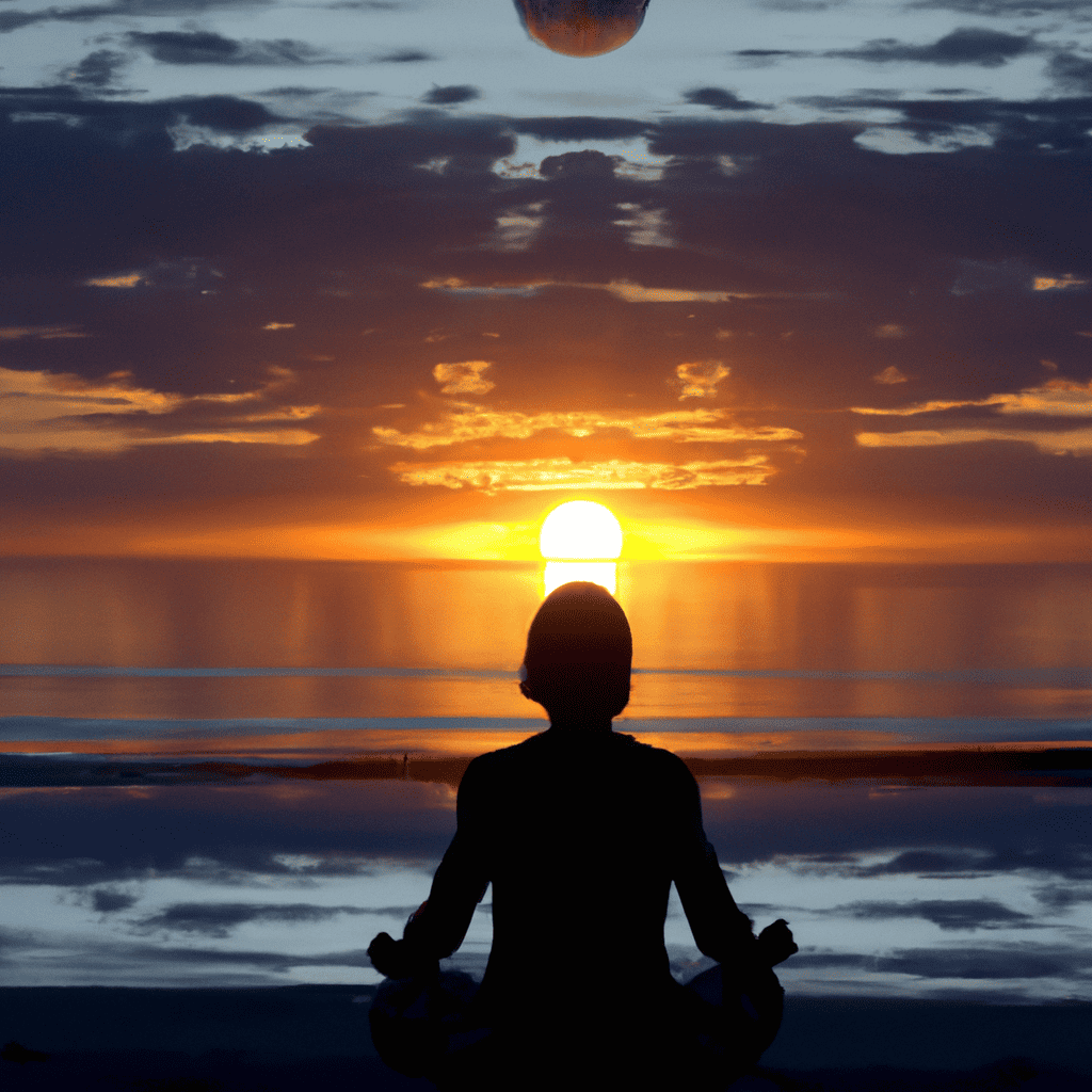 An image of a serene sunrise over a tranquil beach, with a silhouette of a person sitting in lotus position, their eyes closed, as they peacefully engage in meditation and deep breathwork