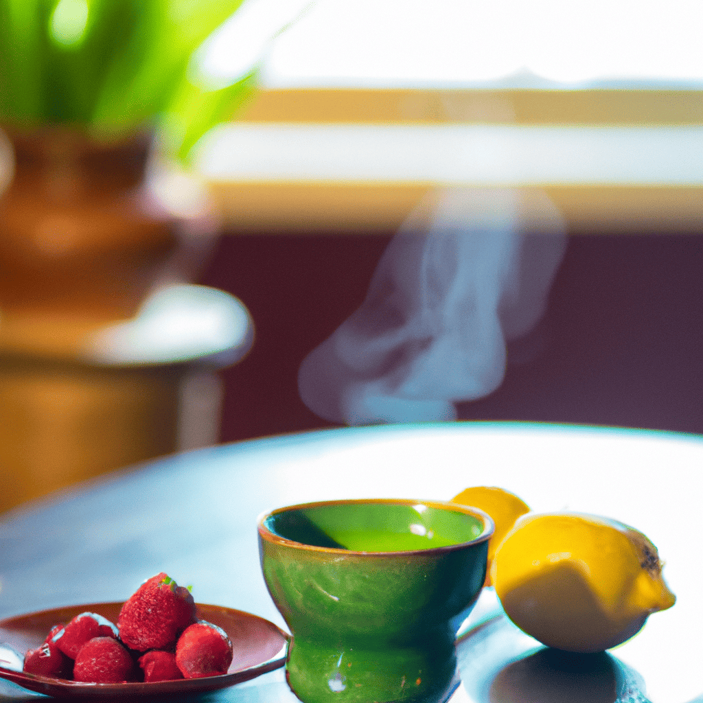 An image showcasing a serene kitchen scene with a steaming cup of herbal tea, a colorful bowl of fresh fruits, and a vibrant green smoothie, symbolizing the nourishing power of a morning routine