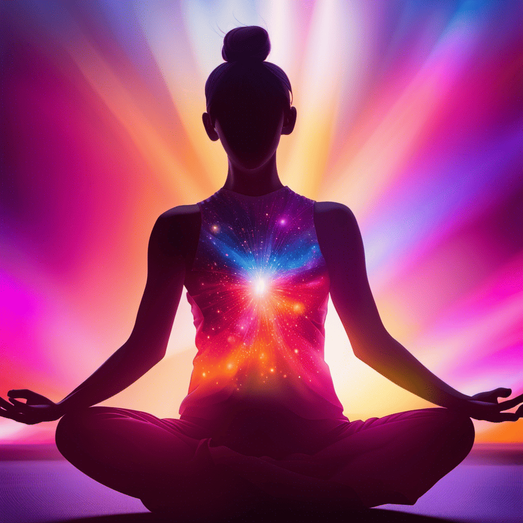 An image depicting a silhouette of a person engaged in a yoga pose, surrounded by vibrant colors, radiating energy, showcasing the powerful mind-body connection for enhanced physical performance and mental fitness
