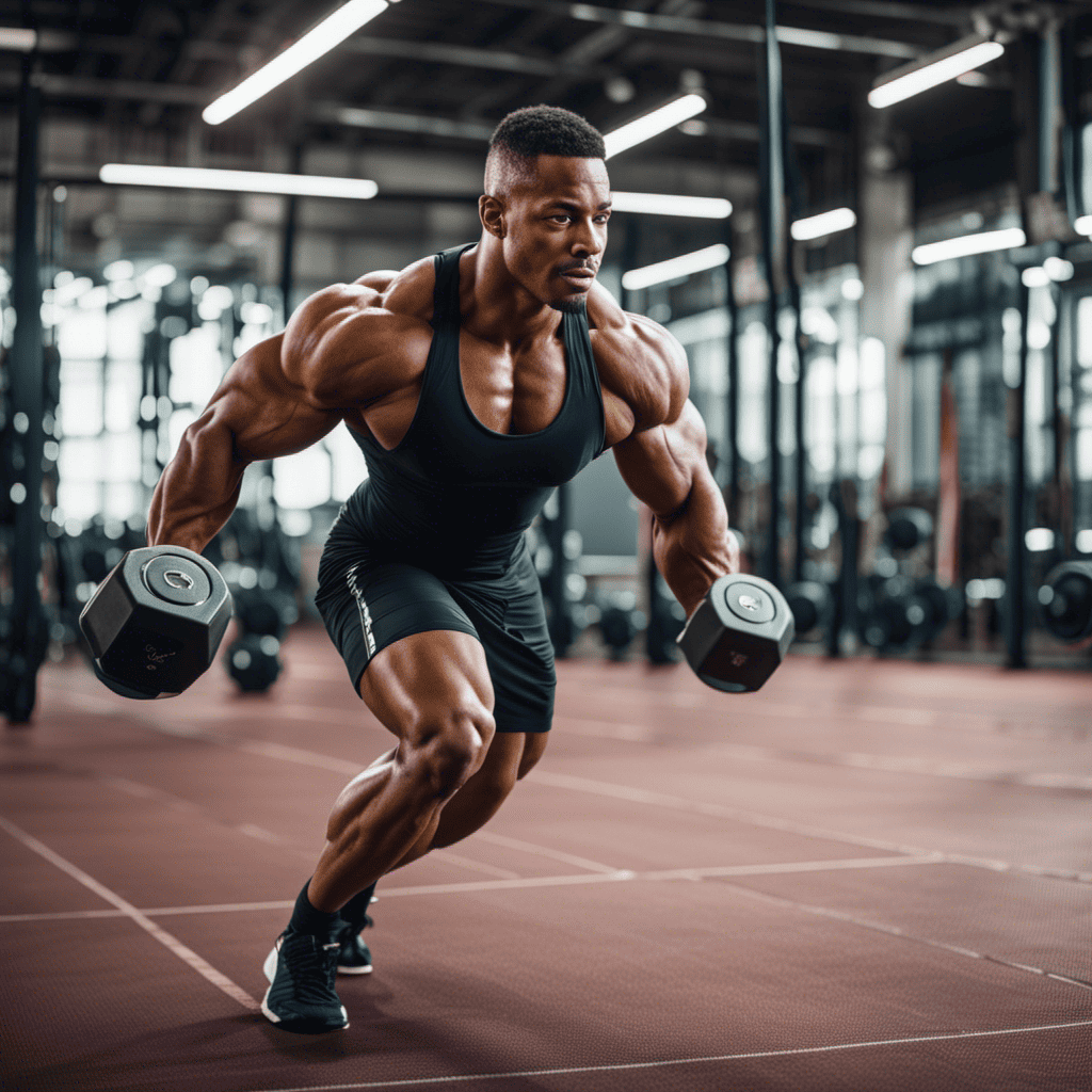 An image showcasing a muscular athlete engaged in various physical activities such as weightlifting, running, and yoga