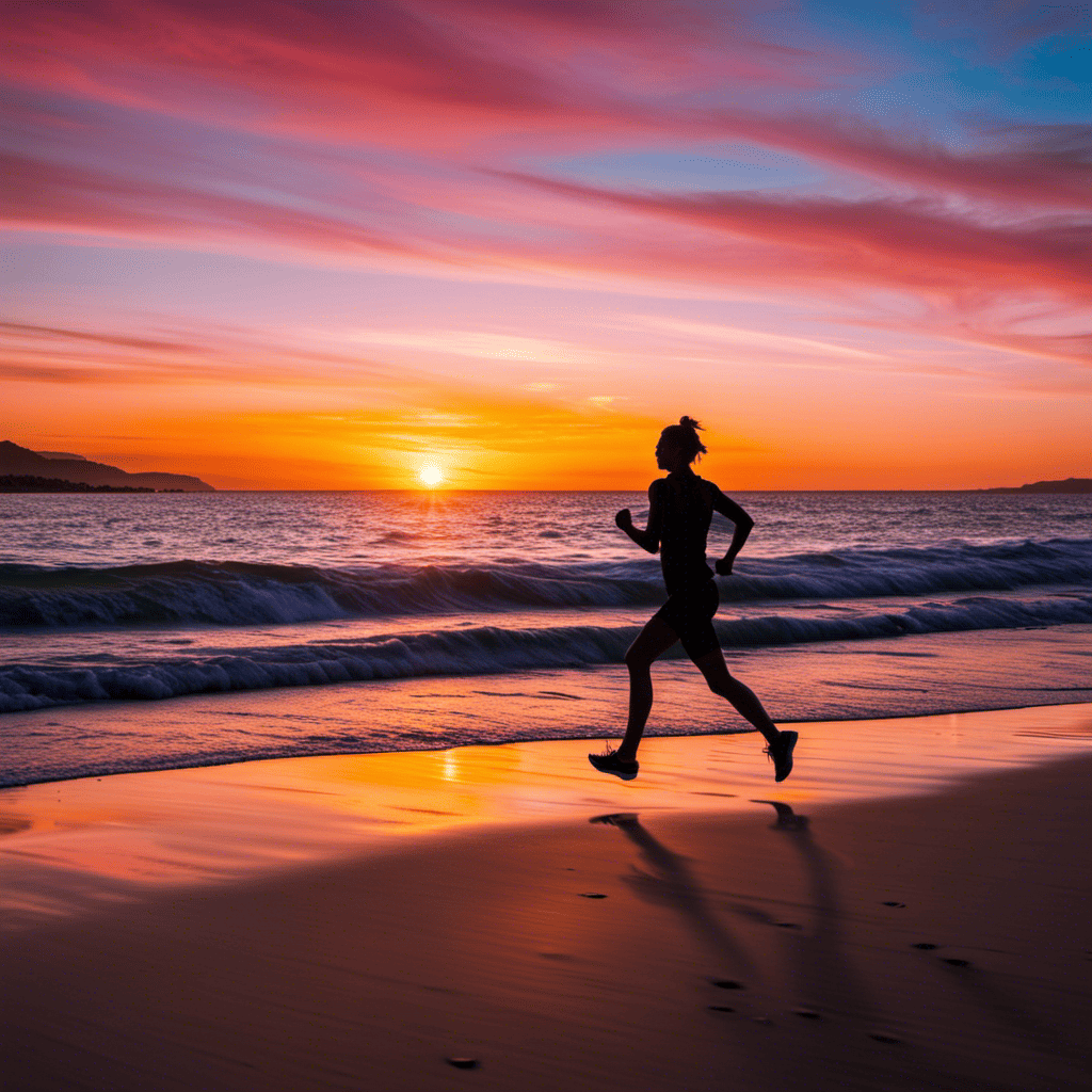 An image showcasing a vibrant sunset beach scene, with a silhouette of a person joyfully running along the shoreline