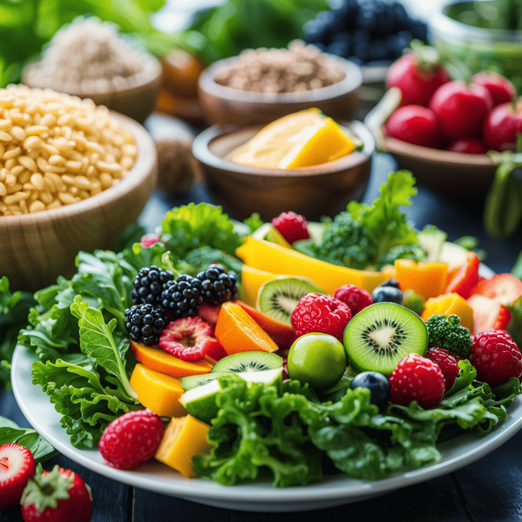 An image depicting a colorful and diverse array of nutrient-rich foods like leafy greens, vibrant fruits, lean proteins, and whole grains, symbolizing the crucial role of nutrition in optimizing fitness and sculpting a healthy body composition