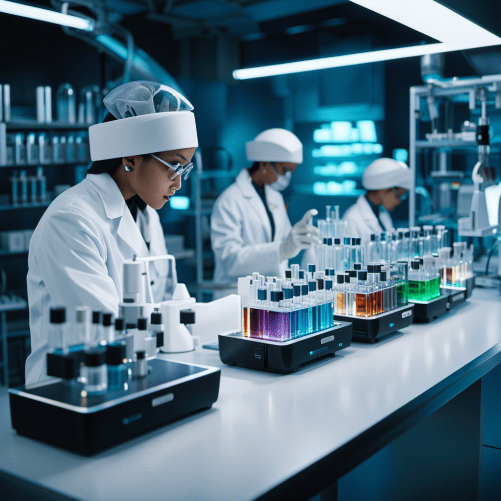 An image showcasing a futuristic laboratory with cutting-edge technology, where scientists in white coats are conducting experiments on innovative sports supplements