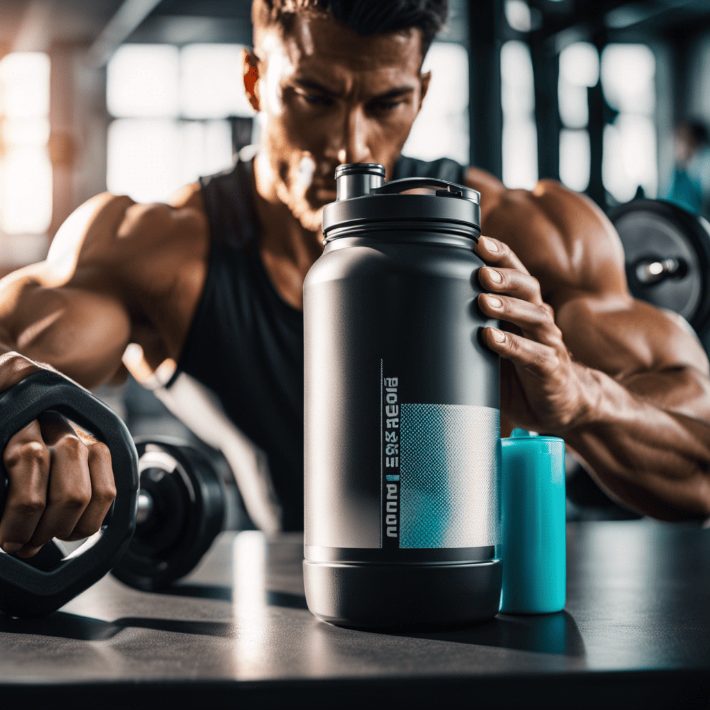 An image capturing the essence of post-workout supplements: a muscular athlete, glistening with sweat, holds a shaker bottle filled with a vibrant protein shake, with a backdrop of weights and gym equipment symbolizing growth and recovery