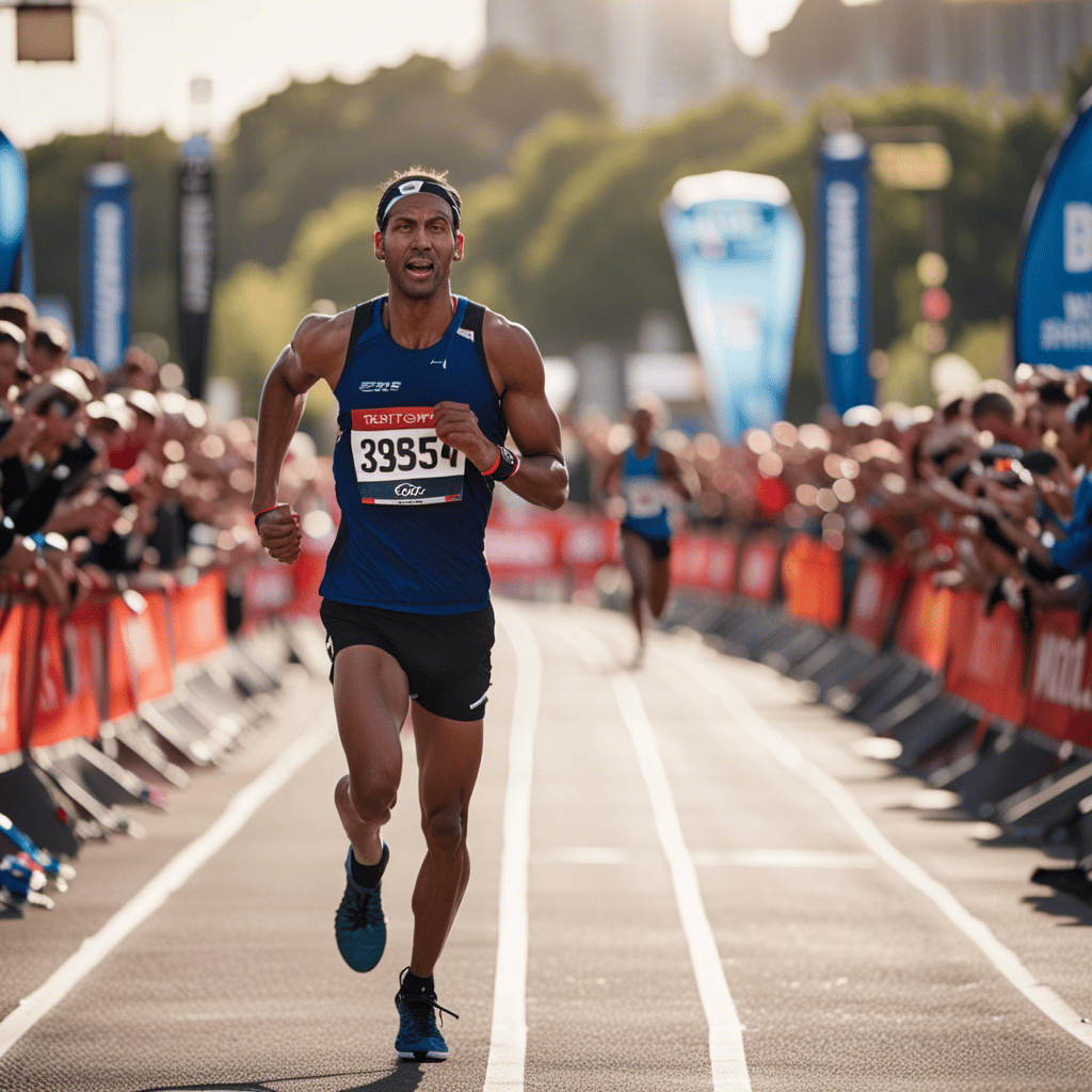 An image showcasing a marathon runner crossing the finish line, with a clear focus on their exhausted yet determined expression, conveying the effectiveness or ineffectiveness of various sports supplements for endurance athletes