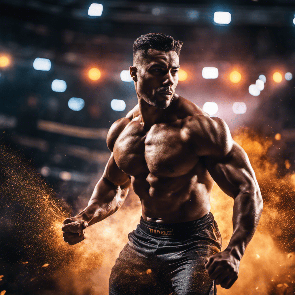 An image of a muscular athlete in action, surrounded by a trail of vibrant, dynamic energy