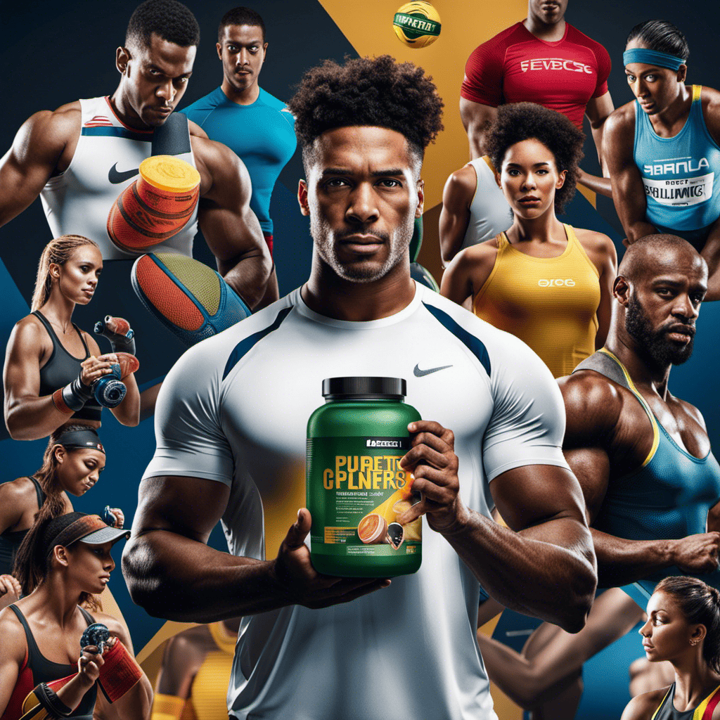An image of a diverse group of athletes, each holding a different sports supplement, surrounded by a variety of sports equipment