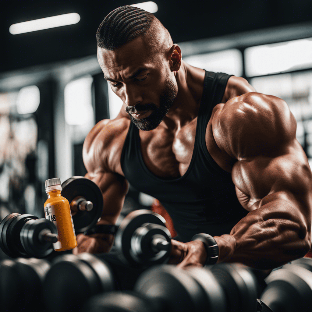 An image capturing the intensity of a gym session - a muscular athlete, veins popping, mid-lift, surrounded by a plethora of pre-workout supplements - highlighting the significance of these supplements in maximizing performance