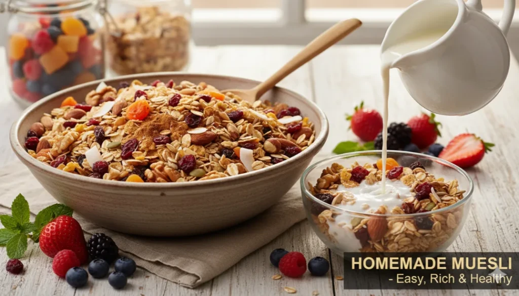 Delicious homemade muesli recipe in a bowl with nuts and dried fruits.