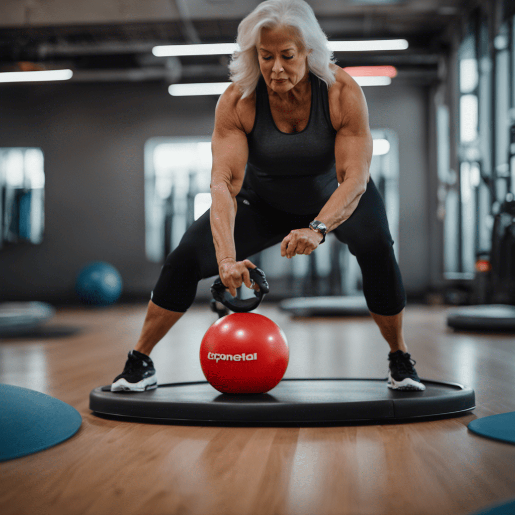 An image showcasing a mature individual performing balance exercises on stability equipment like a Bosu ball, wobble board, and balance disc