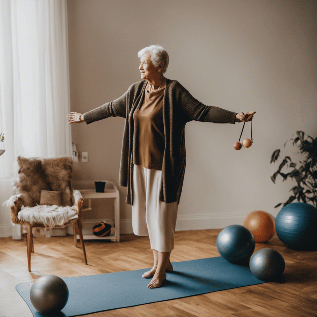 An image showcasing an elderly person standing on one leg with arms outstretched, surrounded by various objects like a yoga mat, stability ball, and resistance bands, emphasizing the importance of balance exercises for fall prevention