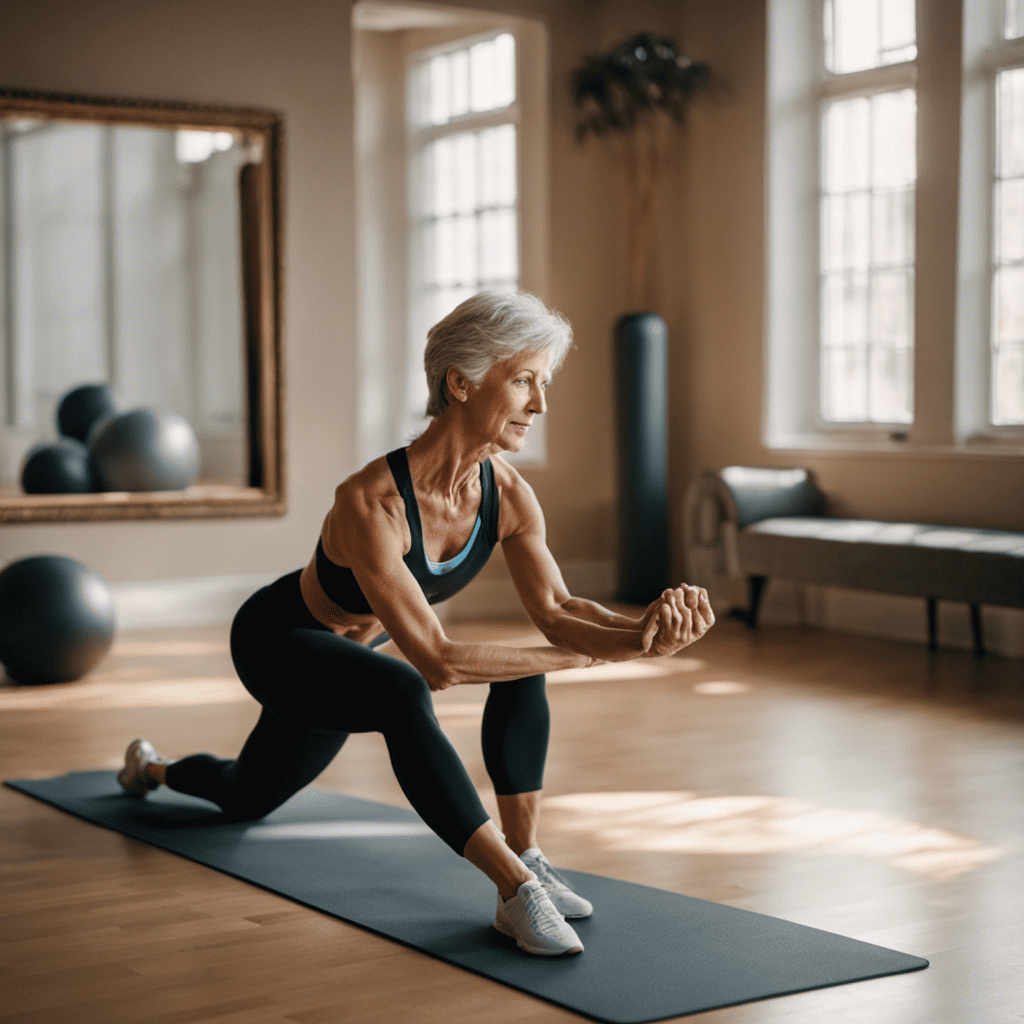 An image showcasing a mature woman, gracefully doing a dynamic warm-up routine, gently stretching her muscles