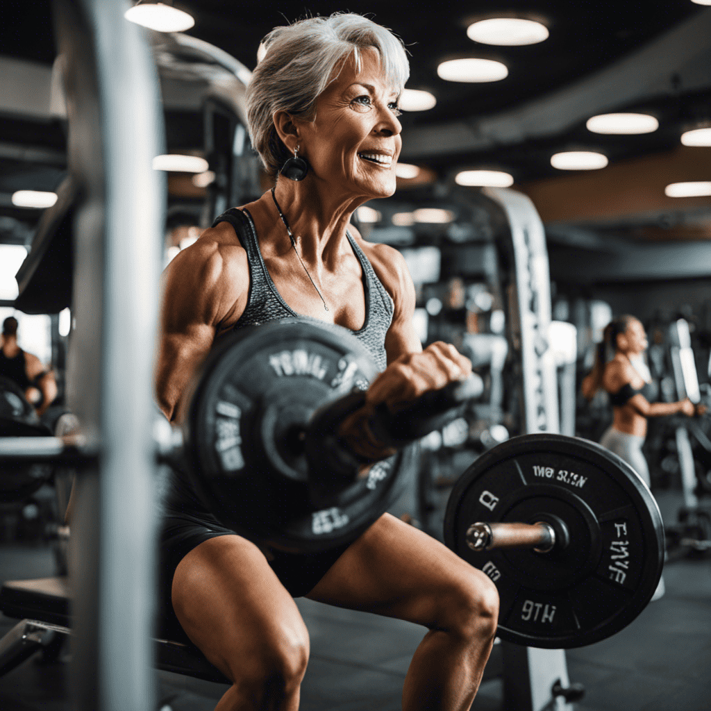 An image showcasing a vibrant, confident woman in her 50s effortlessly lifting weights at a well-equipped gym, surrounded by supportive and encouraging trainers, highlighting the numerous benefits of strength training for women over 50