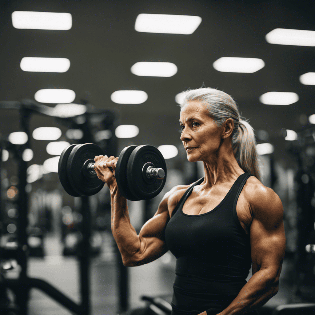 An image of a mature woman with dumbbells, confidently lifting weights in a well-lit gym