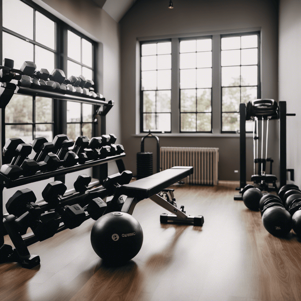 An image showcasing a well-lit, spacious home gym with a sturdy adjustable bench, a set of dumbbells ranging from 5 to 20 pounds, a resistance band set, and a stability ball, all neatly organized on a storage rack