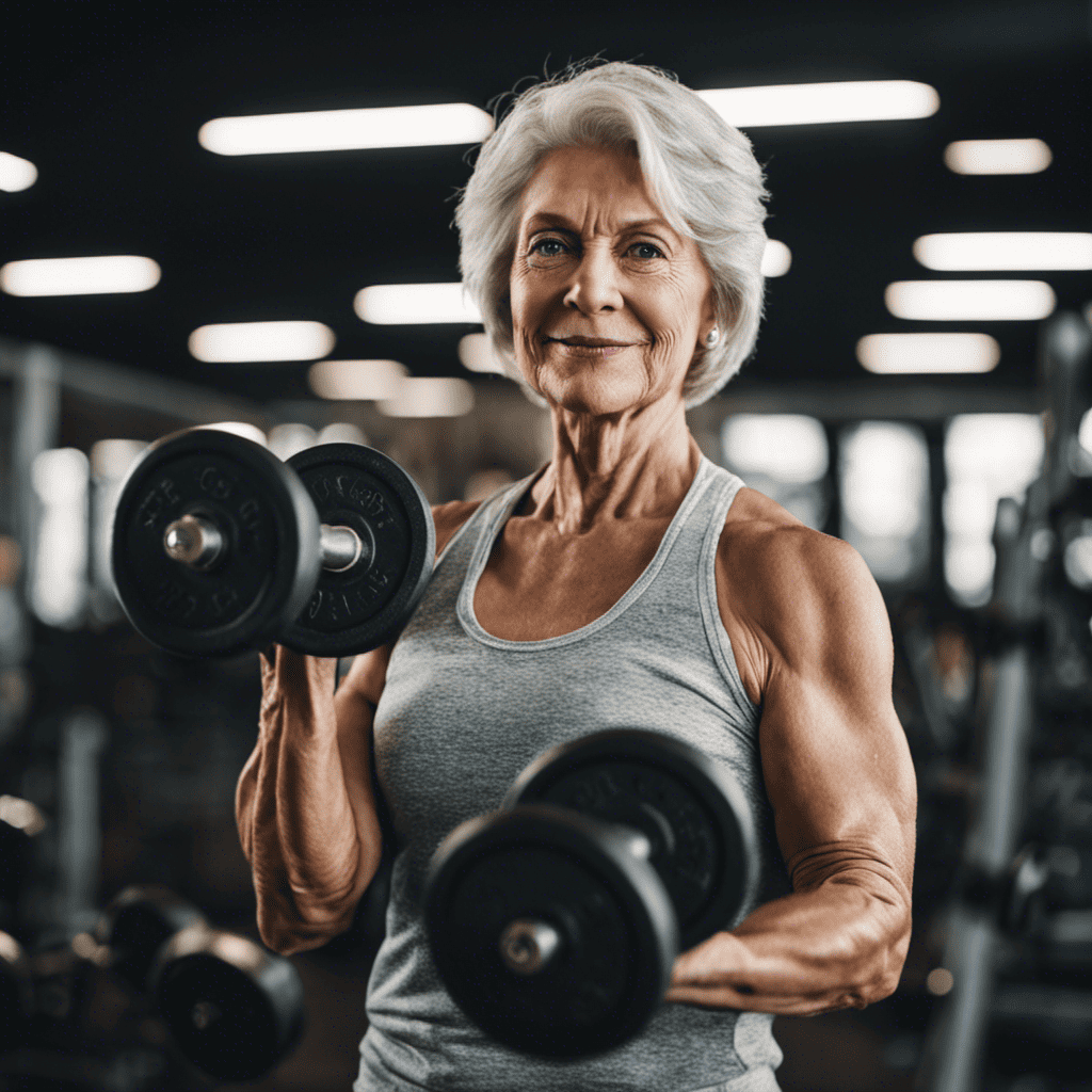 An image featuring a mature woman confidently lifting dumbbells in a well-lit gym
