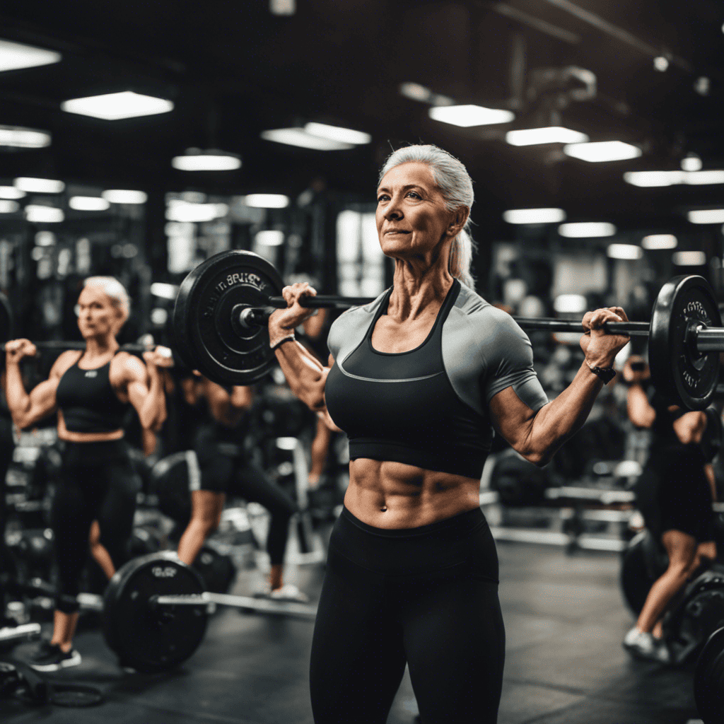 An image depicting a mature woman confidently lifting weights in a well-equipped gym, surrounded by supportive trainers and fellow women, showcasing determination and camaraderie in overcoming common challenges in strength training