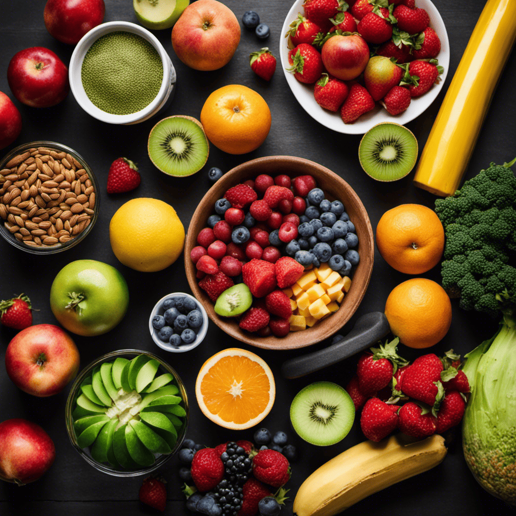 An image that showcases a vibrant plate filled with colorful fruits, vegetables, lean protein, and whole grains, surrounded by dumbbells and a blender, emphasizing the importance of balanced nutrition for women over 50 engaged in strength training