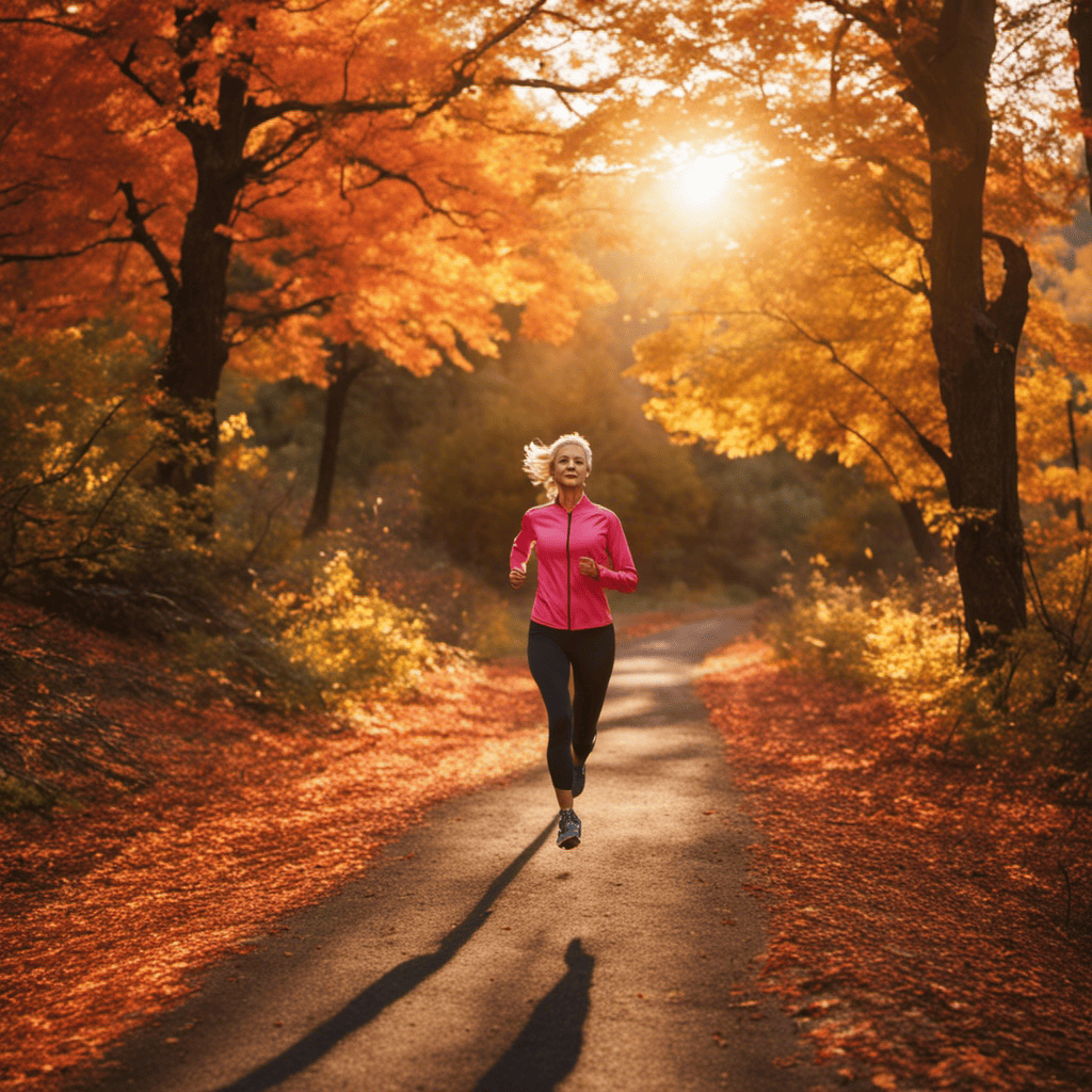 An image that showcases a mature woman in workout attire, confidently jogging on a picturesque trail, surrounded by vibrant autumn foliage and basking in the warm glow of the rising sun