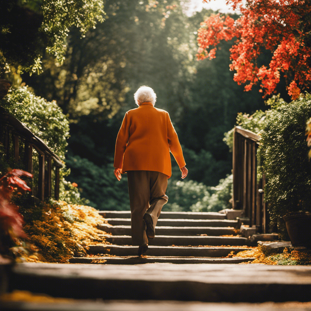 An image showcasing an elderly person effortlessly walking up a flight of stairs, radiating vitality and happiness